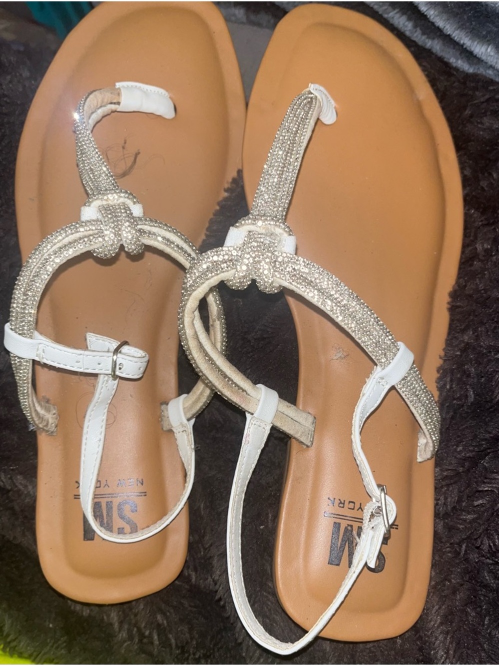 Beaded White T-Strap Women's Sandals